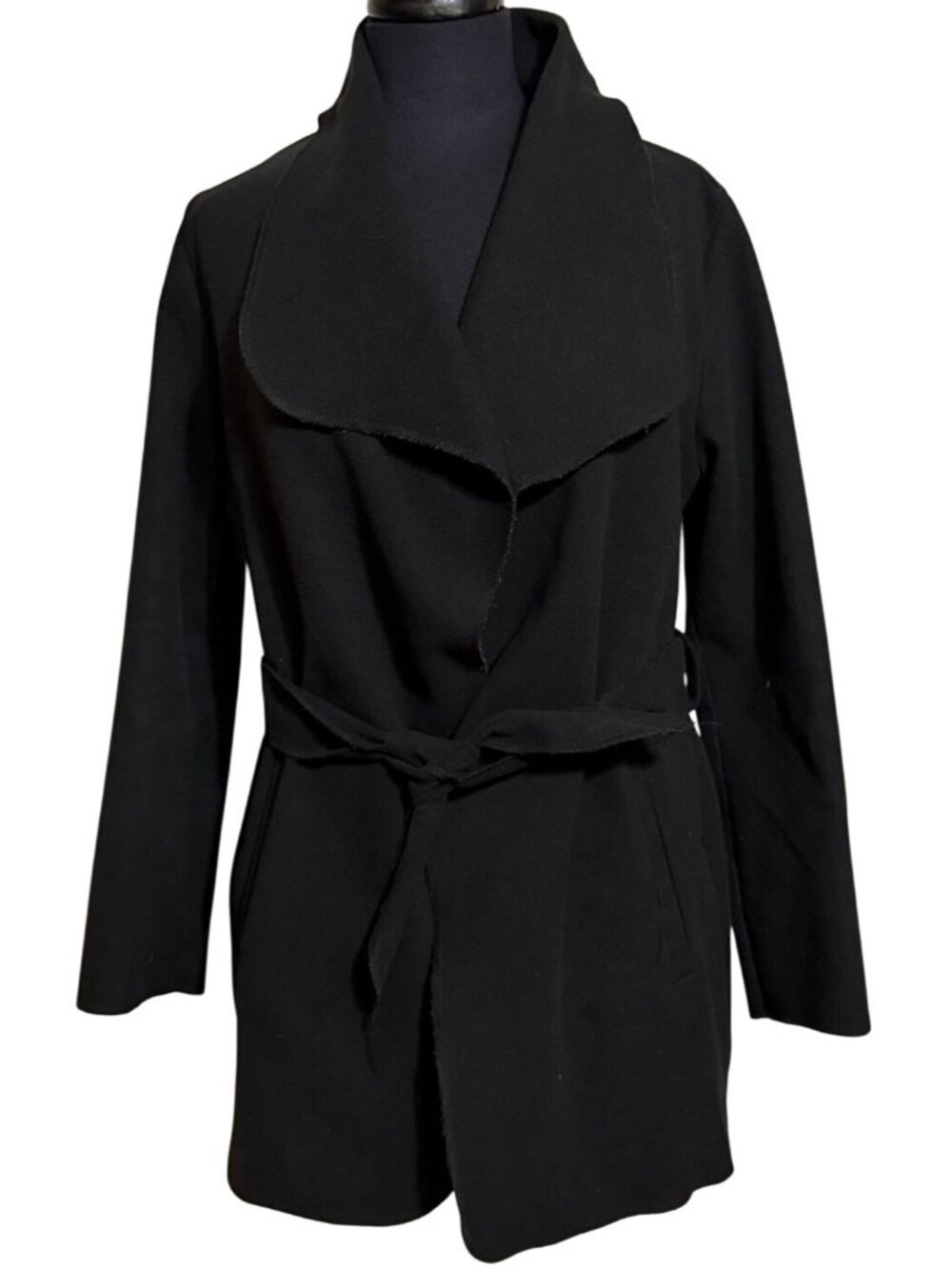 Ambiance Apparel Solid Black Belted Wrap Jacket w/Shawl Collar Women's Size S
